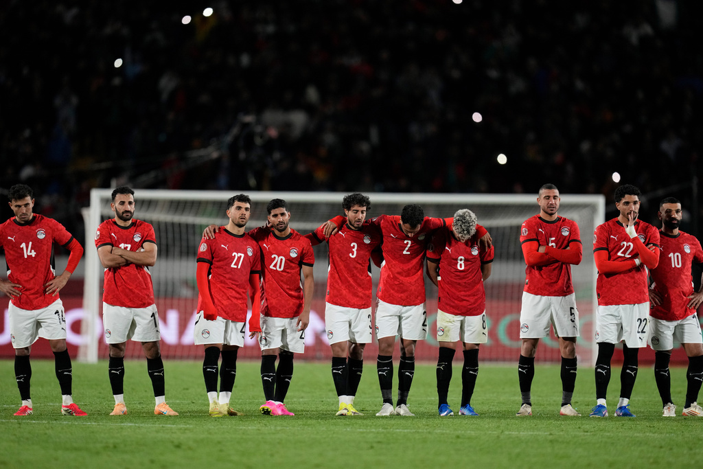 Egypt national team react during the penalty shoot out during the Africa Cup of Nations third place game between Egypt and Nigeria in Casablanca, Morocco, Saturday, Jan. 17, 2026. (AP Photo/Themba Hadebe)