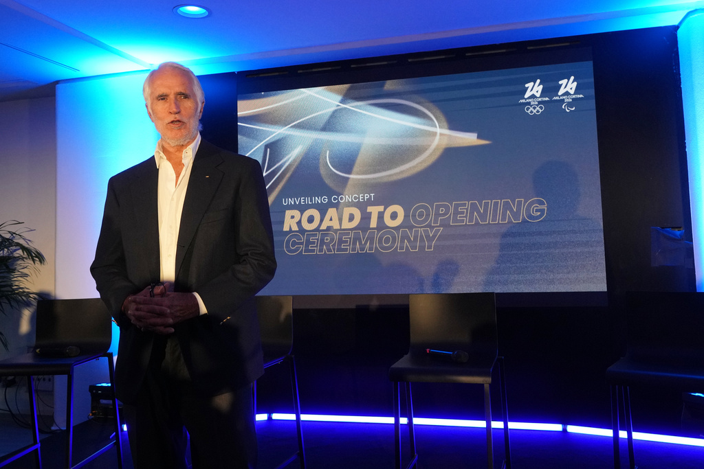 Milano Cortina 2026 Foundation President Giovanni Malagò poses prior to the start of the Organising Committee for the Olympic and Paralympic Winter Games 2026 press conference unveiling the concept of the opening ceremony of the Milano-Cortina Winter Olympics, at the Milan's San Siro stadium, Italy, Thursday, Oct. 16, 2025. (AP Photo/Antonio Calanni)