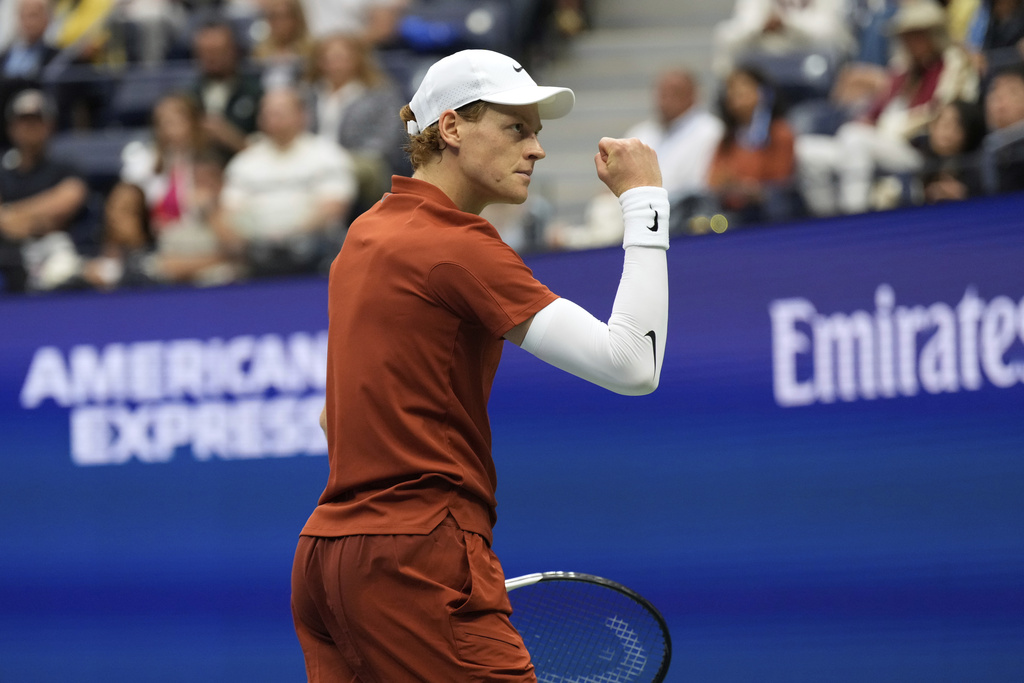 Jannik Sinner, of Italy, reacts during the men's singles final of the U.S. Open tennis championships Carlos Alcaraz, of Spain, Sunday, Sept. 7, 2025, in New York. (AP Photo/Seth Wenig)