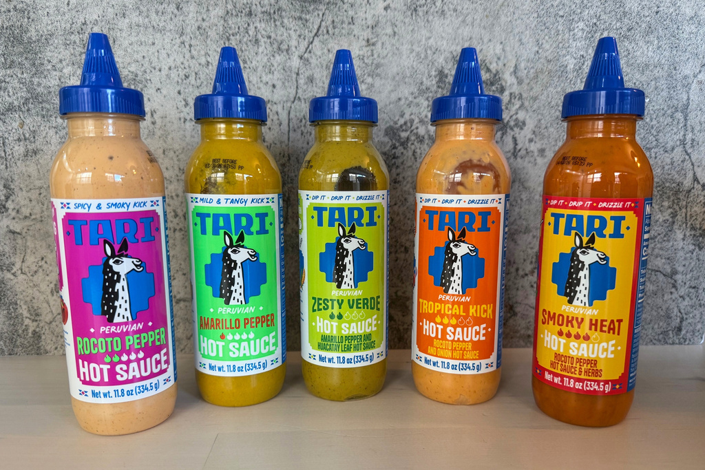 A selection of Peruvian-inspired hot sauces from Tari are displayed in New York. (Katie Workman via AP)