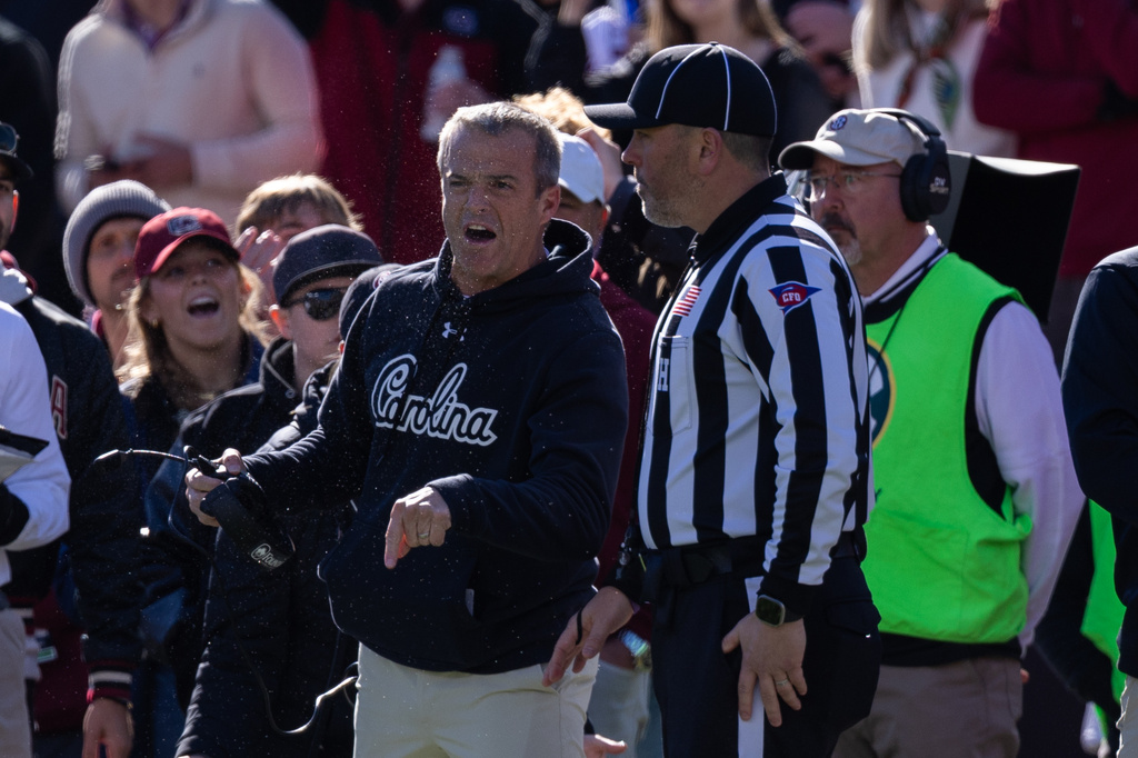 South Carolina head coach Shane Beamer argues a call during the first half of an NCAA college football game against the Clemson, Saturday, Nov. 29, 2025, in Columbia, S.C. (AP Photo/Scott Kinser)