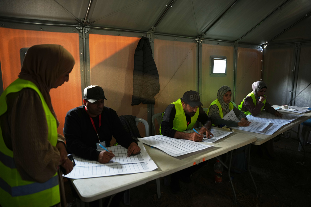 The election committee is sorting the lists of candidates in local elections first in two decades in Gaza and the first in the occupied West Bank since the start of the Israel-Hamas war in Deir al-Balah, central Gaza Strip, Saturday, April 25, 2026. (AP Photo/Abdel Kareem Hana)