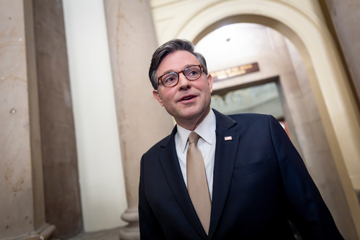 Speaker of the House Mike Johnson, R-La., praises President Donald Trump's peacemaking efforts leading to a ceasefire pausing two years of war in the Gaza Strip, at the Capitol in Washington, Monday, Oct. 13, 2025. (AP Photo/J. Scott Applewhite) Speaker of the House Mike Johnson, R-La., praises President Donald Trump's peacemaking efforts leading to a ceasefire pausing two years of war in the Gaza Strip, at the Capitol in Washington, Monday, Oct. 13, 2025. (AP Photo/J. Scott Applewhite)