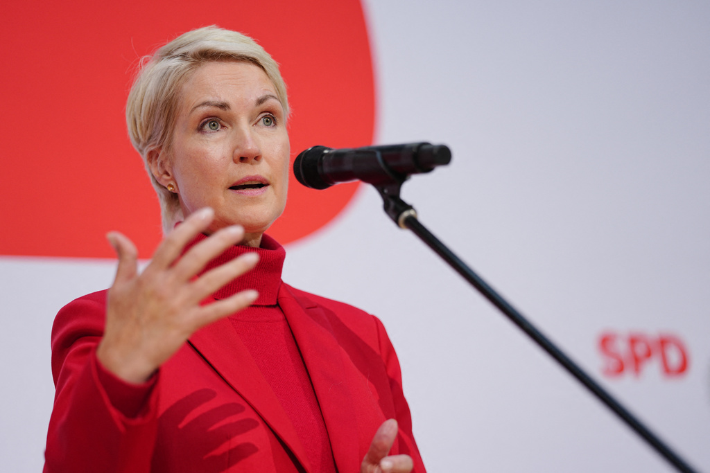 Manuela Schwesig (SPD), Minister-President of Mecklenburg-Western Pomerania, holds a press conference following yesterday's two state elections in Berlin and Mecklenburg-Western Pomerania, Monday, Sept. 21, 2026. (Kay Nietfeld/dpa via AP)