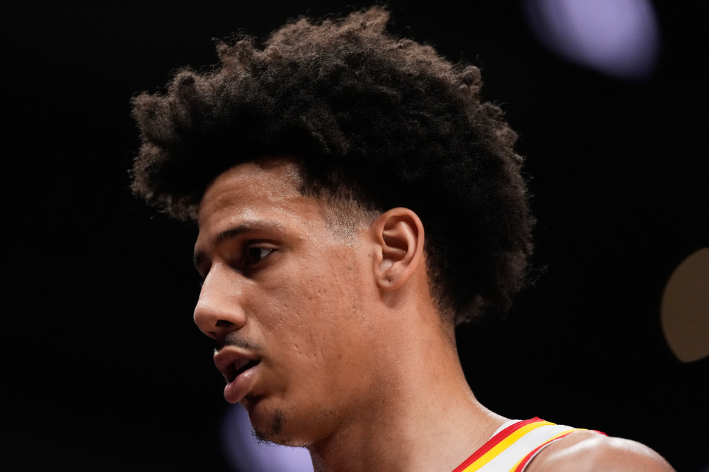 Atlanta Hawks forward Jalen Johnson (1) walks off the court during the first half of Game 4 in a first-round NBA playoffs basketball series against the New York Knicks Saturday, April 25, 2026, in Atlanta. (AP Photo/Brynn Anderson)