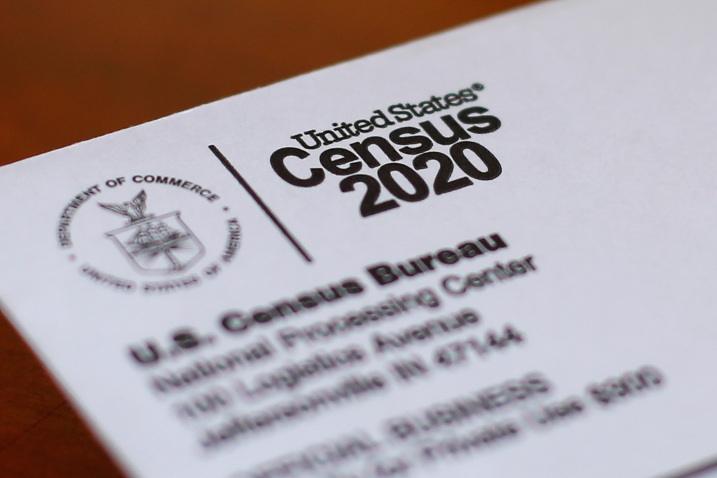 FILE - An envelope containing a 2020 census form mailed to a U.S. resident is seen in Detroit, on April 5, 2020. (AP Photo/Paul Sancya, File)