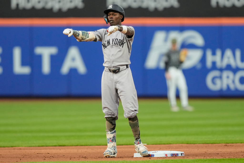 New York Yankees' Jazz Chisholm Jr. reacts after hitting a double during the second inning of a baseball game against the New York Mets, Saturday, May 16, 2026, in New York. (AP Photo/Yuki Iwamura)