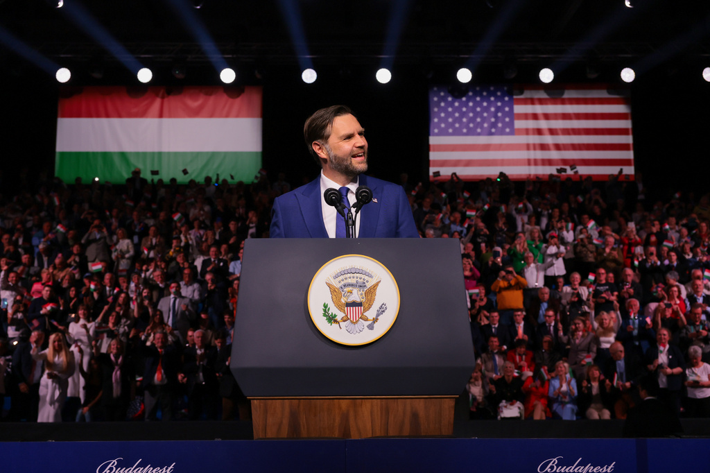 U.S. Vice President JD Vance speaks at a Day of Friendship event with Hungarian Prime Minister Viktor Orban, in Budapest, Hungary Tuesday, April 7, 2026. (Jonathan Ernst/Pool Photo via AP)