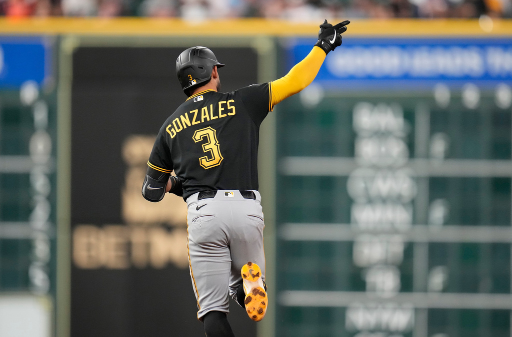 Pittsburgh Pirates' Nick Gonzales reacts as he ran the bases after hitting his two-run home run against Houston Astros relief pitcher Nate Pearson during the seventh inning of a baseball game against the Pittsburgh Pirates, Wednesday, June 3, 2026, in Houston. (AP Photo/Karen Warren)