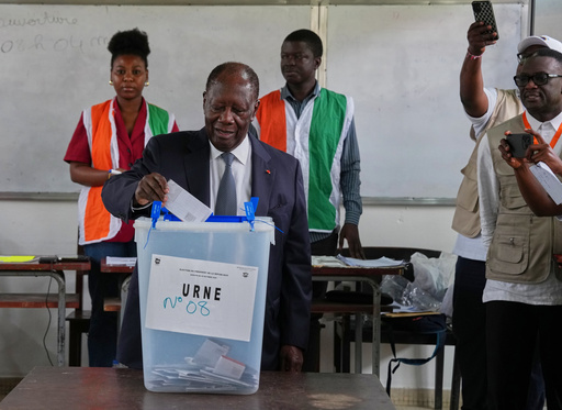 Ivory Coast President Alassane Ouattara casts his vote at a polling station during the presidential elections in Abidjan, Ivory Coast, Saturday, Oct. 25, 2025. (AP Photo/Misper Apawu) Ivory Coast President Alassane Ouattara casts his vote at a polling station during the presidential elections in Abidjan, Ivory Coast, Saturday, Oct. 25, 2025. (AP Photo/Misper Apawu)