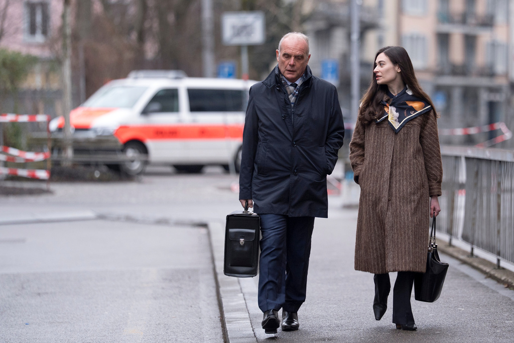 Sanija Ameti, right, a Swiss politician, arrives with her lawyer for her trial at the Zurich District Court, Wednesday, January 28, 2026, in Zurich, Switzerland. (Claudio Thoma/Keystone via AP)