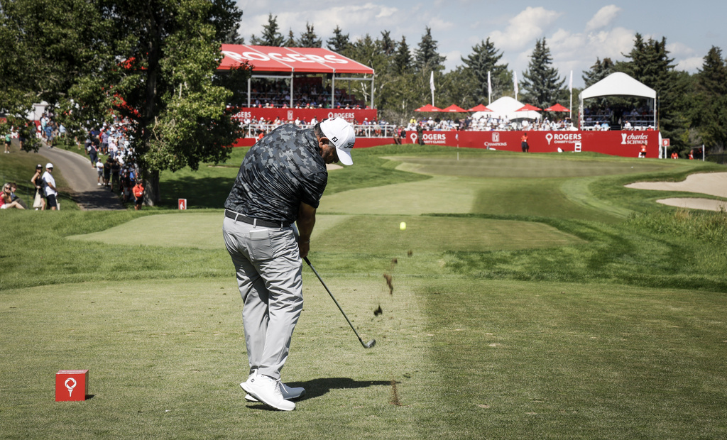 Argentina's Ricardo Gonzalez hits a tee shot on the ninth hole during the final round at the PGA Tour Champions golf tournament in Calgary, Alberta, Sunday, Aug. 17, 2025. (Jeff McIntosh/The Canadian Press via AP)
