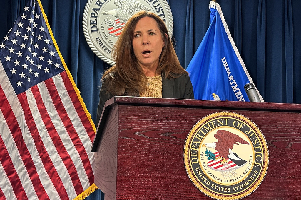U.S. Attorney Leah Foley holds a news conference to announce the arrest of two men in connection with a weekend explosion at Harvard Medical School on Tuesday, Nov. 4, 2025 in Boston. (AP Photos/Michael Casey)