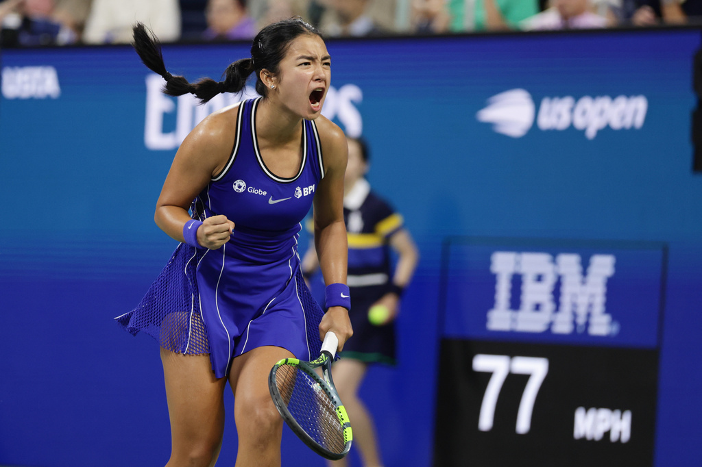 Alexandra Eala, of the Philippines, reacts during her match against Mary Stoiana, of the United States, during the first round of the U.S. Open tennis championships Tuesday, Sept. 1, 2026, in New York. (AP Photo/Adam Hunger)