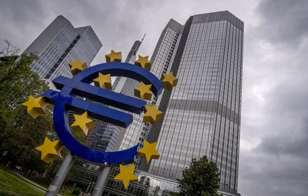 FILE - The Euro sculpture stands in front of the former headquarters of the European Central Bank (ECB) in Frankfurt, Germany, May 23, 2023. (AP Photo/Michael Probst, File)