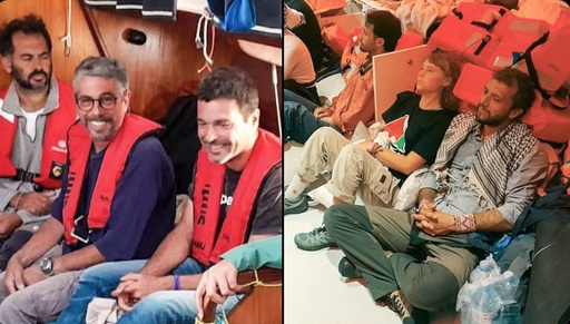 This combination of images released by the Israeli Foreign Ministry shows Greta Thunberg, second from right, with other flotilla activists after the Israeli navy intercepted the Global Sumud Flotilla carrying humanitarian aid to Gaza, Wednesday, Oct. 1, 2025. (Israeli Foreign Ministry via AP) This combination of images released by the Israeli Foreign Ministry shows Greta Thunberg, second from right, with other flotilla activists after the Israeli navy intercepted the Global Sumud Flotilla carrying humanitarian aid to Gaza, Wednesday, Oct. 1, 2025. (Israeli Foreign Ministry via AP)