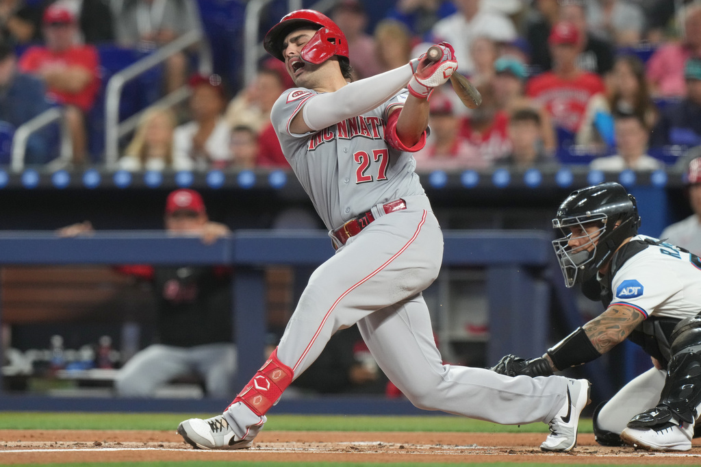 Cincinnati Reds Sal Stewart (27) grimaces after striking out during the first inning of a baseball game against the Miami Marlins Thursday, April 9, 2026, in Miami. (AP Photo/Marta Lavandier)
