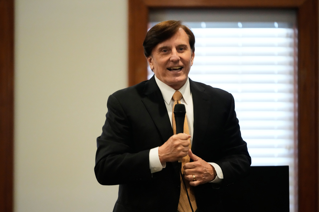 FILE - U.S. Senate candidate, current Louisiana treasurer and former U.S. Representative (R-La.) John Fleming, speaks in Baton Rouge, La., May 12, 2026. (AP Photo/Gerald Herbert, File)