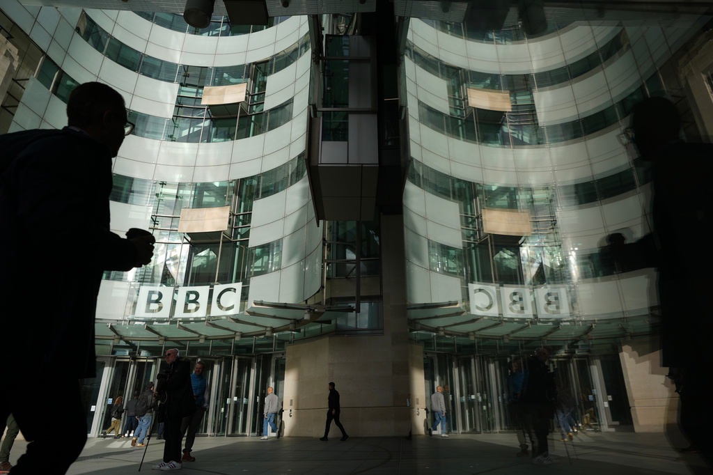 FILE - The BBC logo is displayed outside the company's headquarters in London, Nov. 12, 2025. (AP Photo/Kin Cheung, File)