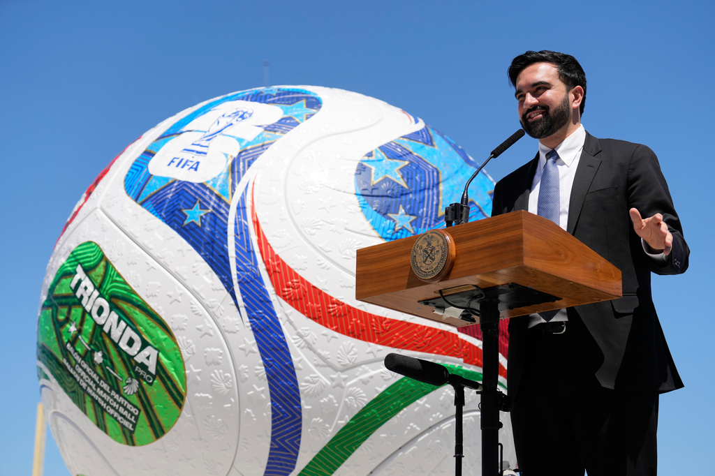 New York City Mayor Zohran Mamdani speaks in front of a large soccer ball during a news conference in the Staten Island borough of New York, Monday, April 27, 2026. (AP Photo/Seth Wenig)