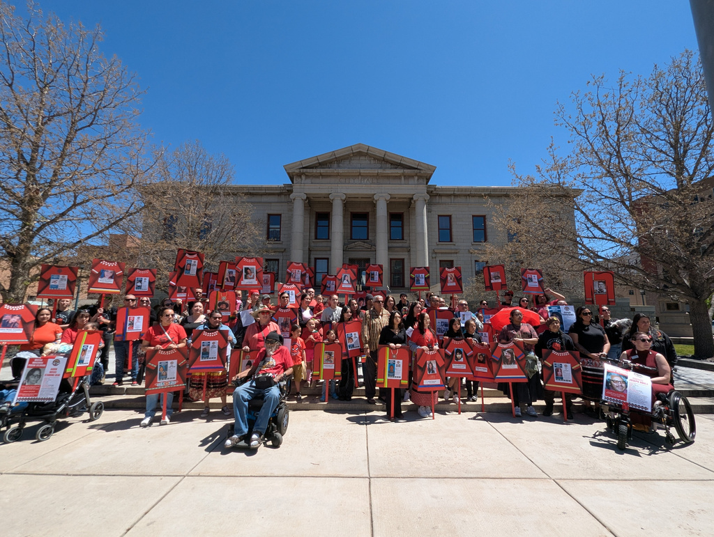 A crowd gathers at City Hall in Colorado Springs, Colo., on Saturday, May 2, 2026, to raise awareness about Indigenous people who have gone missing or who have been killed. (Nancy Marie Spears/The Imprint via AP)