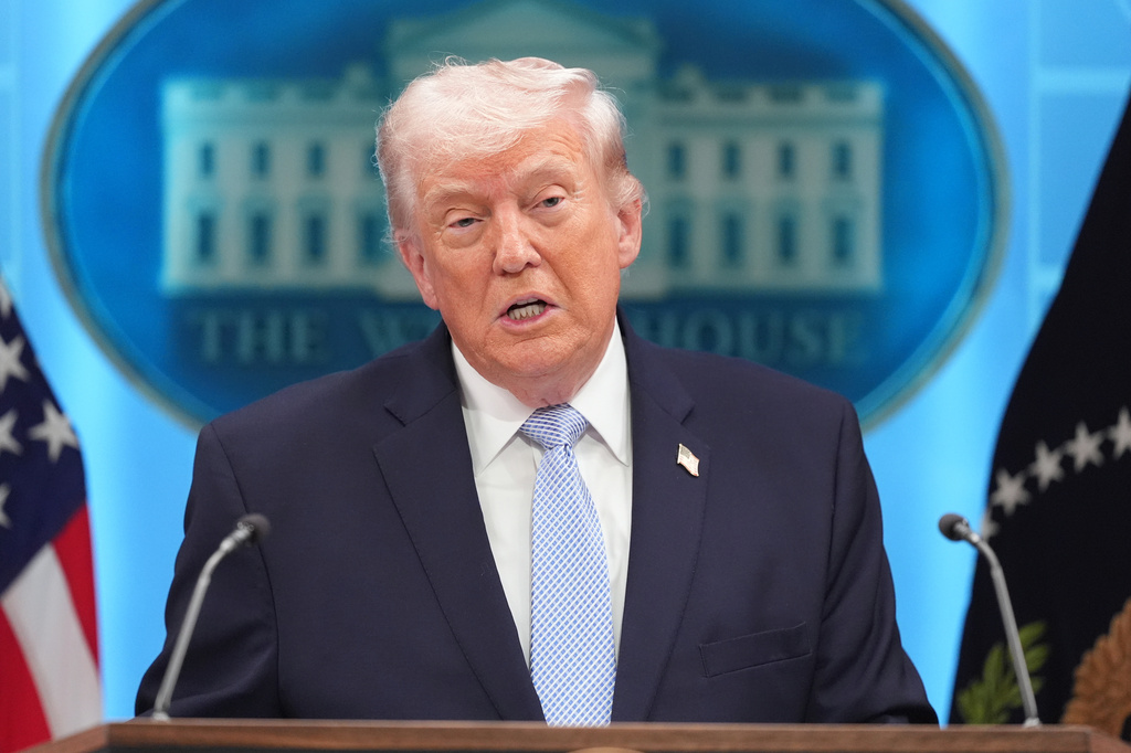 President Donald Trump speaks with reporters in the James Brady Press Briefing Room at the White House, Monday, April 6, 2026, in Washington. (AP Photo/Mark Schiefelbein)