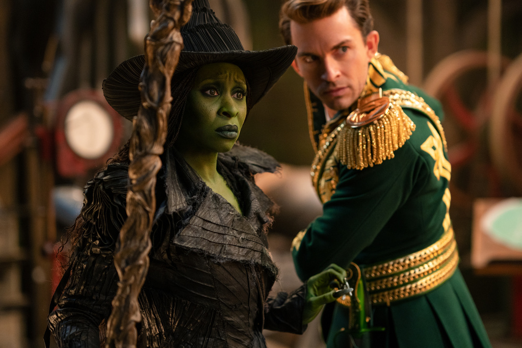 This image released by Universal Pictures shows Cynthia Erivo, left, and Jonathan Bailey in a scene from "Wicked for Good.." (Universal Pictures via AP)