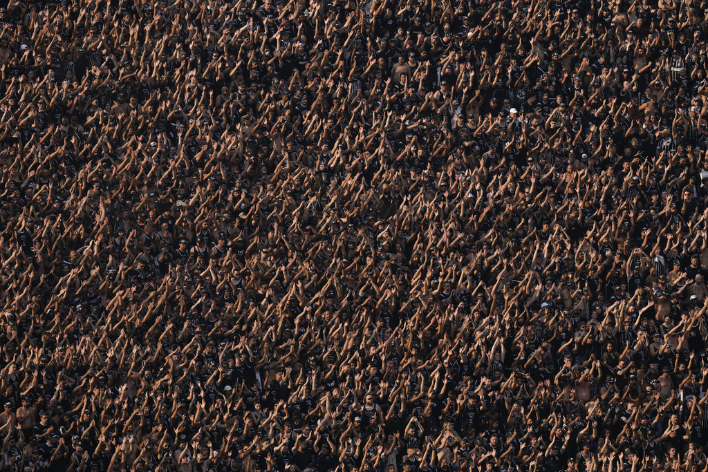 FILE - Corinthians soccer fans cheer in Neo Quimica arena during a Brazilian soccer league match between Corinthians and Flamengo in Sao Paulo, Brazil, Sept. 1, 2024. (AP Photo/Andre Penner, File)
