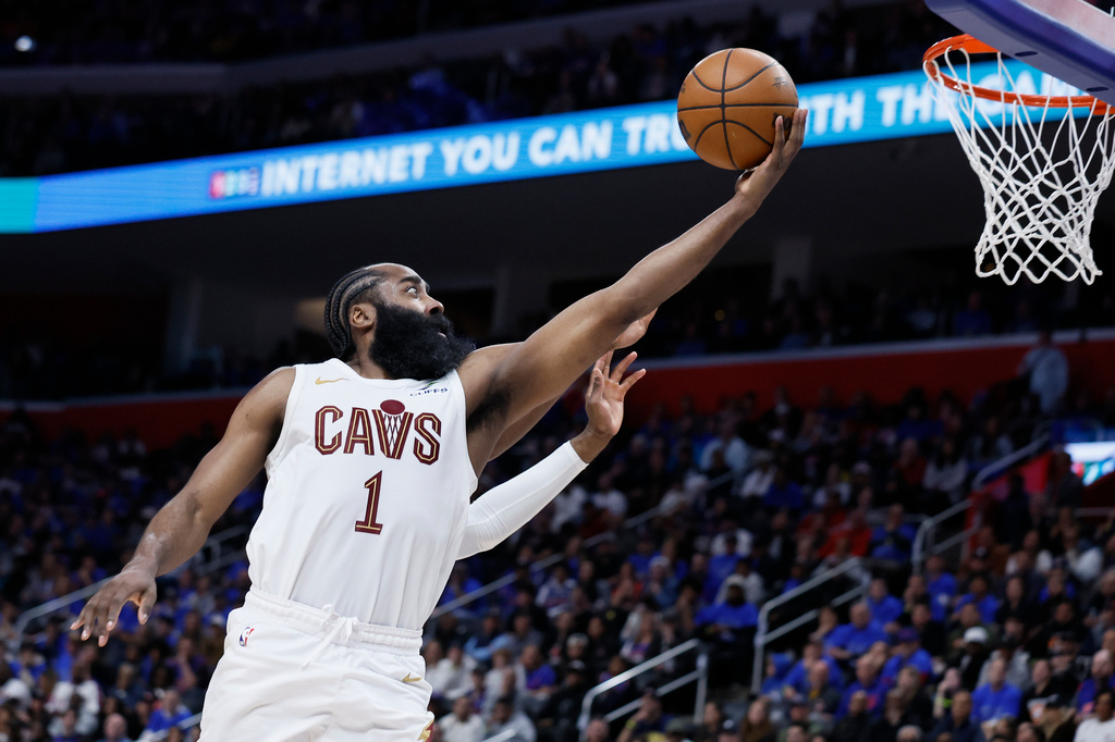 Cleveland Cavaliers guard James Harden goes to the basket against the Detroit Pistons during the second half in Game 5 of a second-round NBA playoffs basketball series, Wednesday, May 13, 2026, in Detroit. (AP Photo/Duane Burleson)
