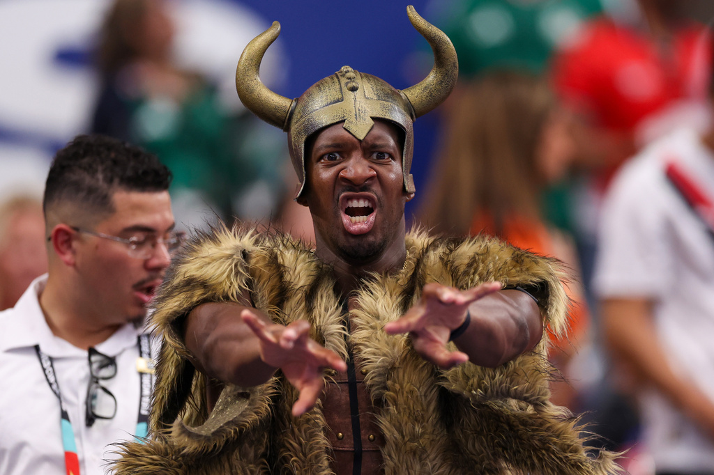 New York Giants quarterback Jameis Winston dons a viking outfit and poses during the World Cup round of 32 soccer match between Ivory Coast and Norway in Arlington, Texas, near Dallas, Tuesday, June 30, 2026. (AP Photo/Sam Hodde)