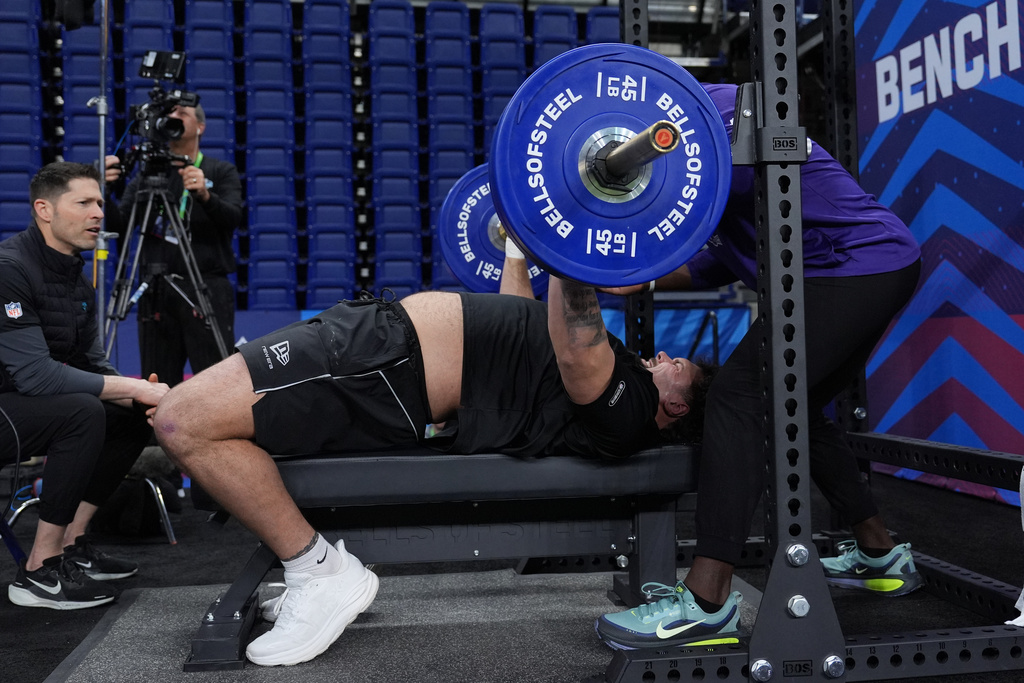 Arkansas offensive lineman Fernando Carmona lifts weights at the NFL football scouting combine in Indianapolis, Monday, March 2, 2026. (AP Photo/Eric Gay)