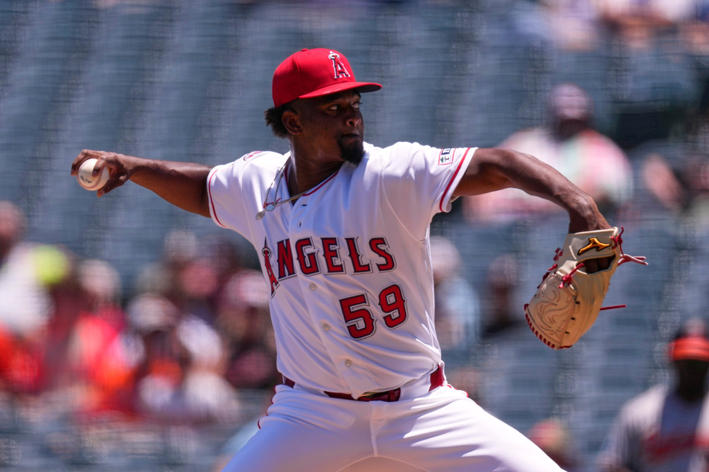 Los Angeles Angels pitcher José Soriano throws to the plate during the first inning of a baseball game against the Baltimore Orioles, Wednesday, June 24, 2026, in Anaheim, Calif. (AP Photo/Mark J. Terrill)