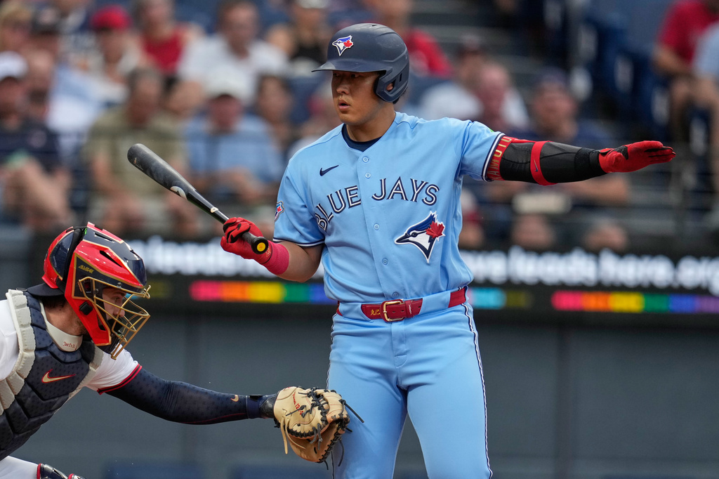 Toronto Blue Jays' Kazuma Okamoto strikes out in the second inning of a baseball game against the Cleveland Guardians in Cleveland, Tuesday, Sept. 1, 2026. (AP Photo/Sue Ogrocki)