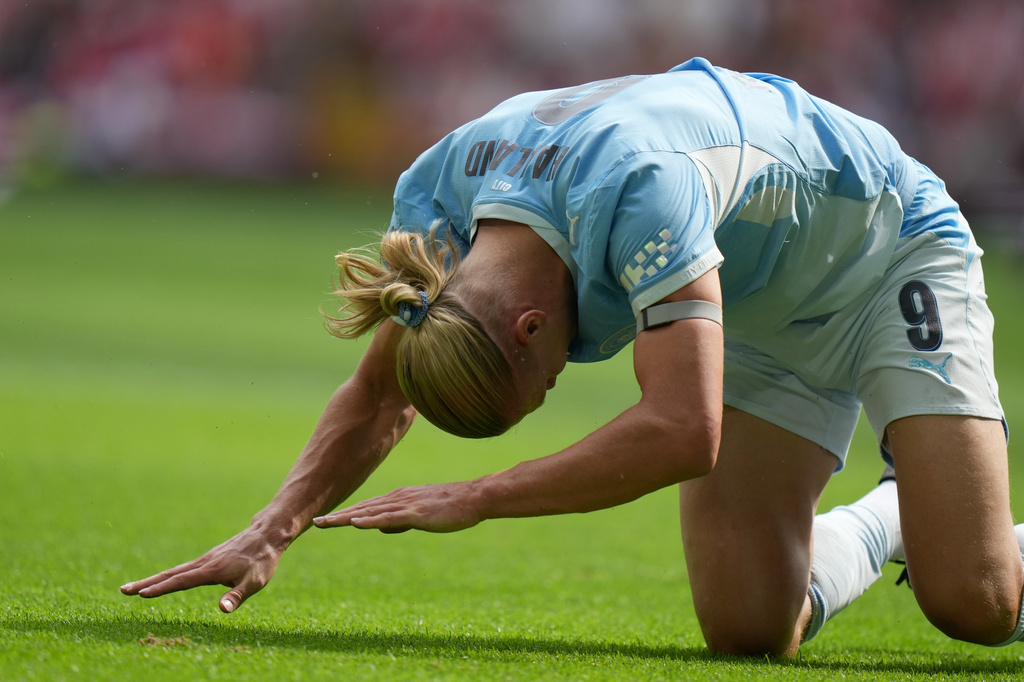 Manchester City's Erling Haaland reacts during the FA Community Shield final soccer match between Arsenal and Manchester City in Cardiff, Wales, Sunday, Aug.16, 2026. (AP Photo/Alastair Grant)