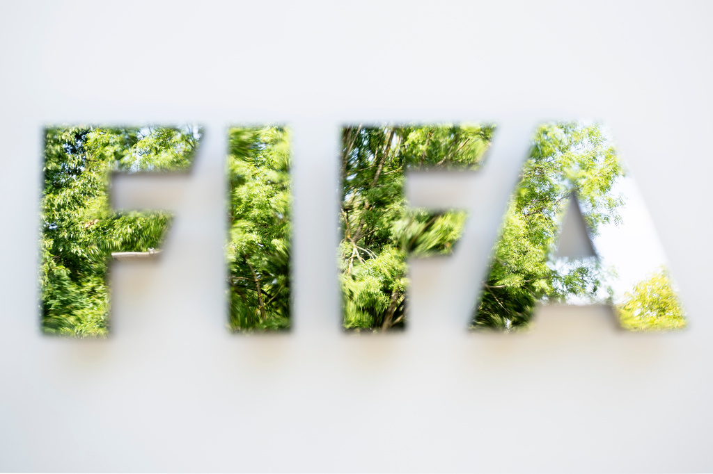 The FIFA logo is seen at the entrance of FIFA headquarters, in Zurich, Switzerland, Thursday, Aug. 6, 2026. (Andreas Becker/Keystone via AP)