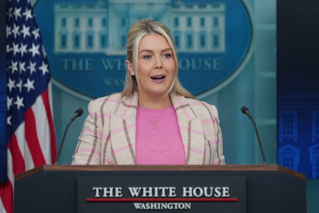 White House press secretary Karoline Leavitt speaks with reporters in the James Brady Press Briefing Room at the White House, Tuesday, March 10, 2026, in Washington. (AP Photo/Julia Demaree Nikhinson)
