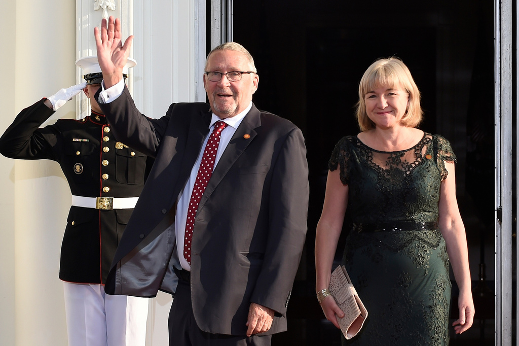 FILE - Vice President of the Republic of Zambia Guy Scott and his wife, Charlotte Harland Scott, arrive for a dinner hosted by President Barack Obama for the U.S. Africa Leaders Summit, Aug. 5, 2014, in Washington. (AP Photo/Susan Walsh, File)
