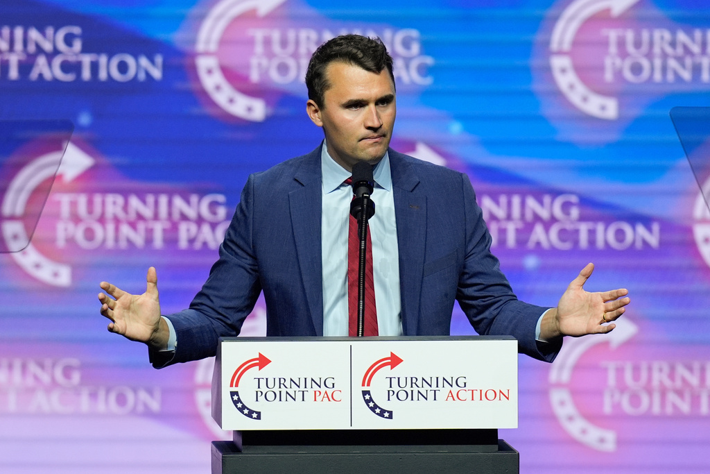 FILE - Turning Point USA Founder Charlie Kirk speaks during a campaign rally, Oct. 24, 2024, in Las Vegas. (AP Photo/John Locher, File)