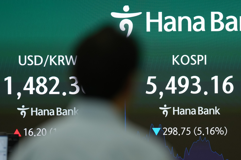 A dealer walks past near a screen showing the Korea Composite Stock Price Index (KOSPI), right, and the foreign exchange rate between U.S. dollar and South Korean won at a dealing room of Hana Bank in Seoul, South Korea, Wednesday, March 4, 2026. (AP Photo/Lee Jin-man)