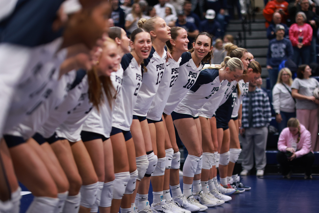 Penn State players sing the alma mater after an NCAA college volleyball game against Michigan State, Friday, Nov. 21, 2025, in State College, Pa. (AP Photo/Jared Freed)