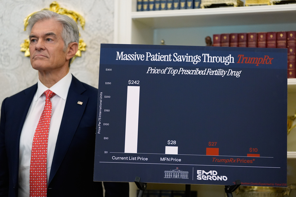 Centers for Medicare & Medicaid Services administrator Dr. Mehmet Oz listens as President Donald Trump speaks in the Oval Office of the White House, Thursday, Oct. 16, 2025, in Washington. (AP Photo/Alex Brandon)