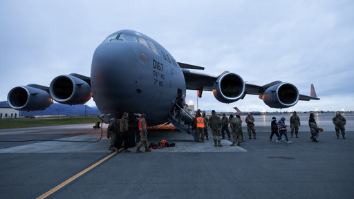 In this photo provided by the Alaska National Guard, an Alaska Air National Guard C-17 Globemaster III, assigned to the 176th Wing, arrives at Joint Base Elmendorf-Richardson, Alaska, with evacuated residents from western Alaska, Wednesday, Oct. 15, 2025. (Alejandro Pena/Alaska National Guard via AP) In this photo provided by the Alaska National Guard, an Alaska Air National Guard C-17 Globemaster III, assigned to the 176th Wing, arrives at Joint Base Elmendorf-Richardson, Alaska, with evacuated residents from western Alaska, Wednesday, Oct. 15, 2025. (Alejandro Pena/Alaska National Guard via AP)