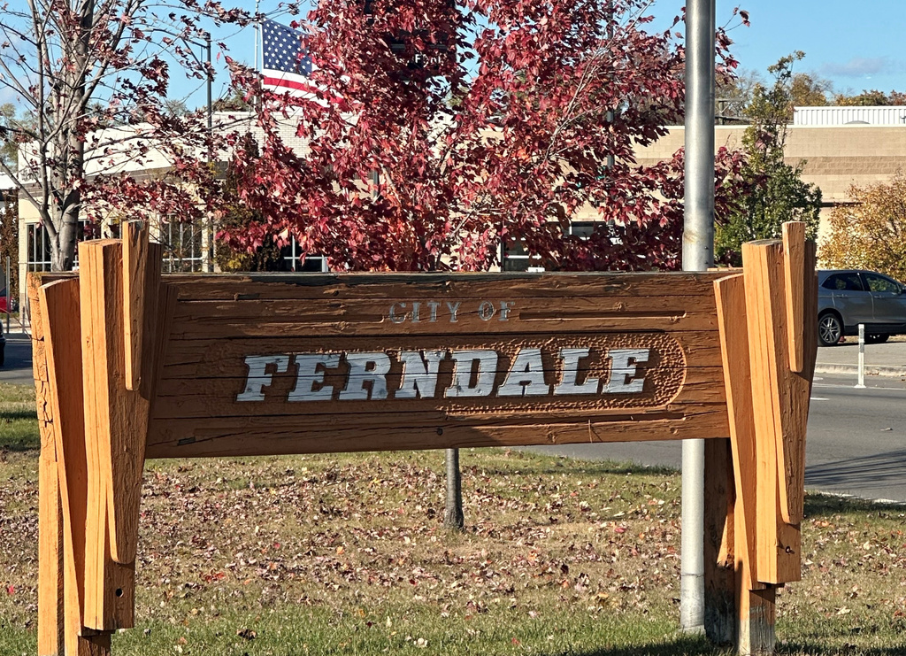 A "Welcome to Ferndale" sign is seen in Ferndale, Mich., Monday, Nov. 3, 2025. (AP Photo/Corey Williams)