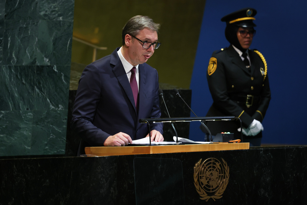 Serbia's President Aleksandar Vucic addresses the 80th session of the United Nations General Assembly, Wednesday, Sept. 24, 2025, at U.N. headquarters. (AP Photo/Heather Khalifa)