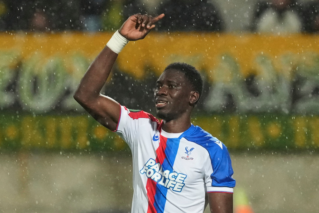 Crystal Palace's Ismaila Sarr celebrates scoring his side's second goal during the Conference League round of 16 second leg soccer match between AEK Larnaca and Chrystal Palace in Larnaca, Cyprus, Thursday, March 19, 2026. (AP Photo/Petros Karadjias)