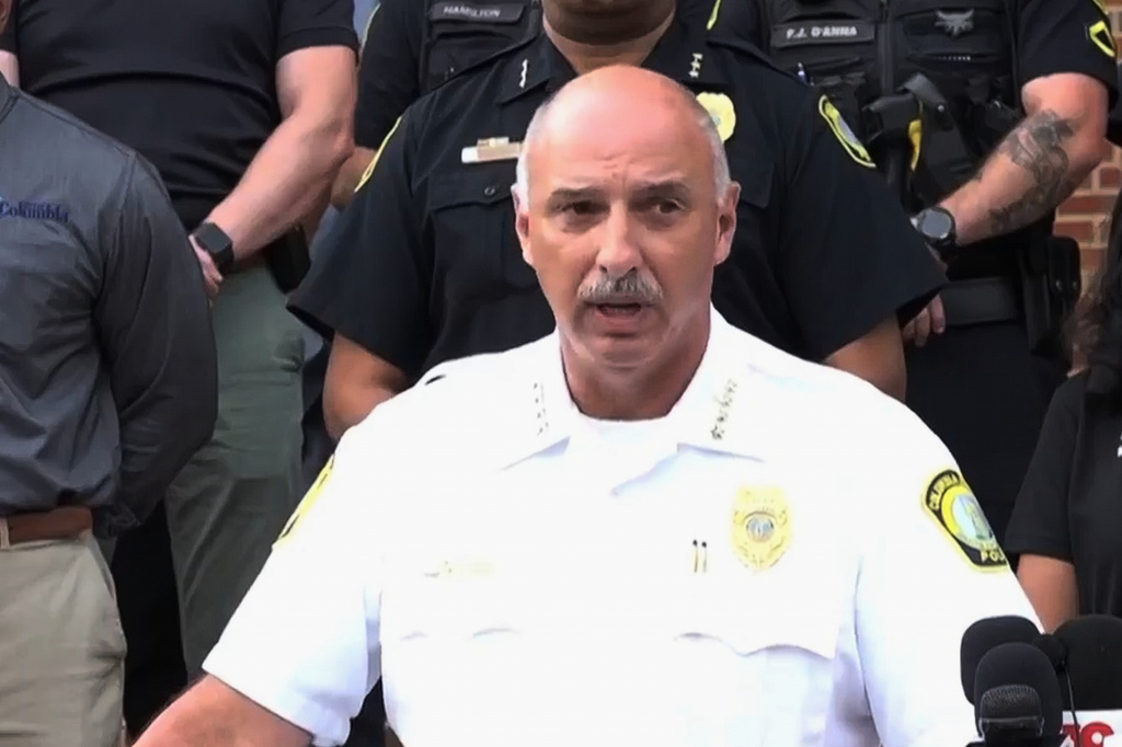 In this image made from video provided by WLTX News19, Columbia police Chief W.H. “Skip” Holbrook speaks during a news conference about a shooting that killed one of the department’s officers and injured at least one other, in Columbia, S.C., Saturday, Aug. 29, 2026. (WLTX via AP)