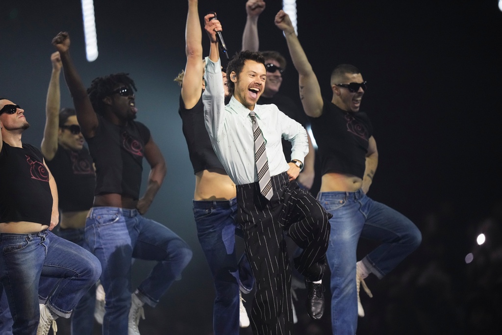 Harry Styles performs during the Brit Awards 2026 in Manchester, England, Saturday, Feb. 28, 2026. (Photo by Scott A Garfitt/Invision/AP)