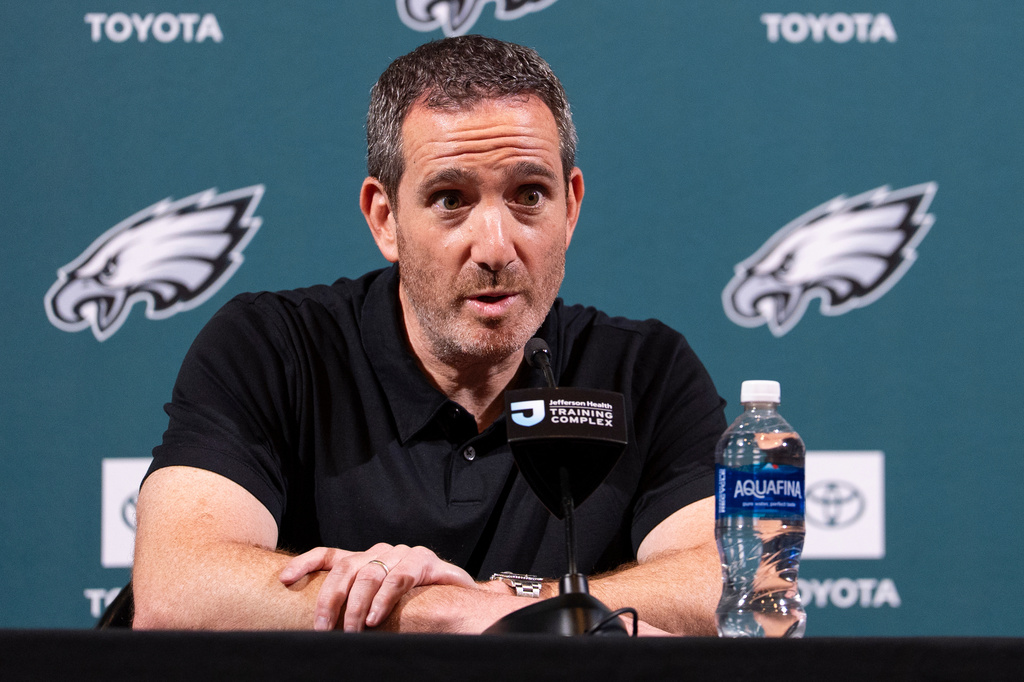 Philadelphia Eagles executive vice president and general manager Howie Roseman speaks with the media during a news conference at the NFL football team's training facility, Tuesday, April 14, 2026, in Philadelphia. (AP Photo/Chris Szagola)