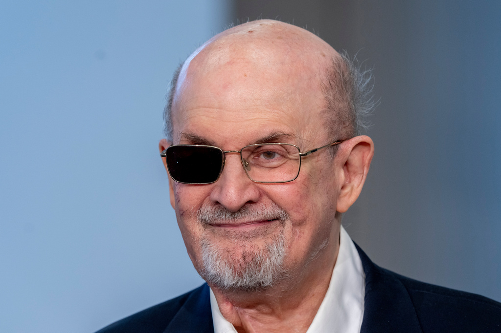 FILE - Author Salman Rushdie appears at the Book Fair in Frankfurt, Germany on Oct. 20, 2023. (AP Photo/Michael Probst, File)