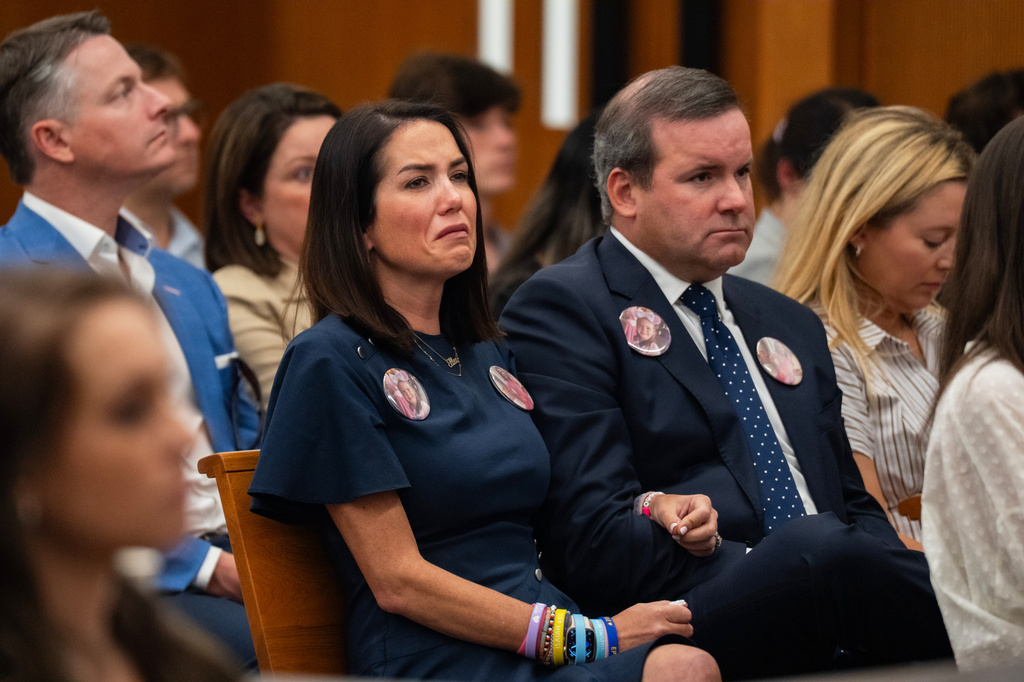 Jennifer and Doug Getten, who lost their 9-year-old daughter Ellen Getten in the July 4th flood, attend a hearing on a suit against Camp Mystic, in the 459th State District Court, in Austin, Texas, Monday, April 13, 2026. (Mikala Compton/Austin American-Statesman via AP)